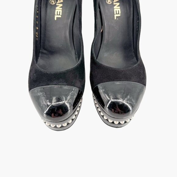 Chanel Platform Pearl Pumps EU 41 US 10-10.5 Black Suede Leather Cap Toe Heel - Picture 3 of 12
